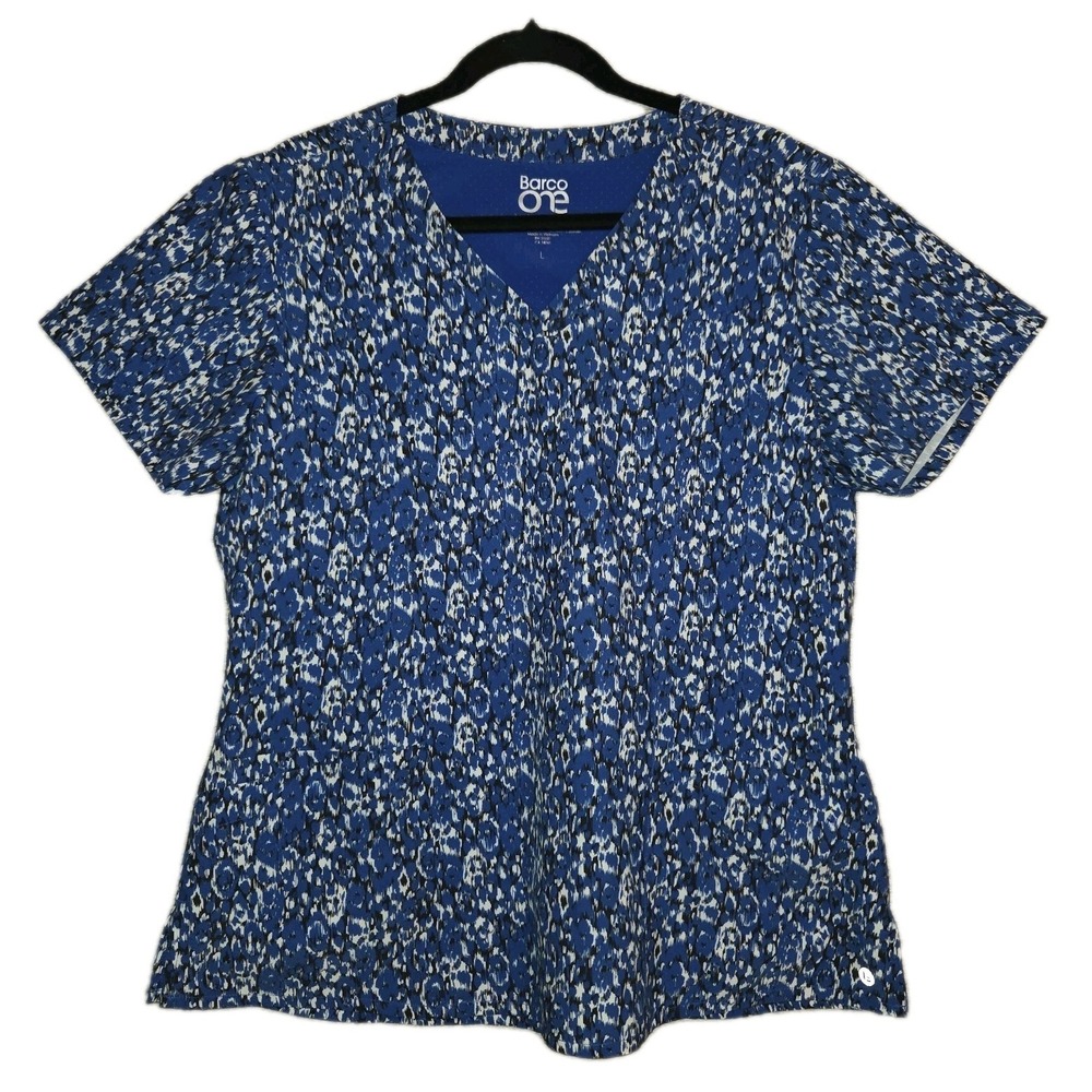 BARCO ONE Women's Large Scrubs Top Blue Abstract Animal Print V-Neck Stretch